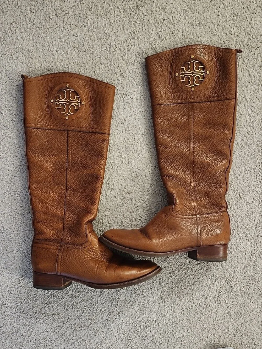 Tory Burch Cognac Leather Knee-High Boots with Gold Logo
